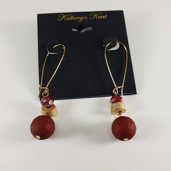Katheryn Kent Gold-Tone Long Drop Earrings – Burgundy Beads Elegant Design - Picture 7 of 8